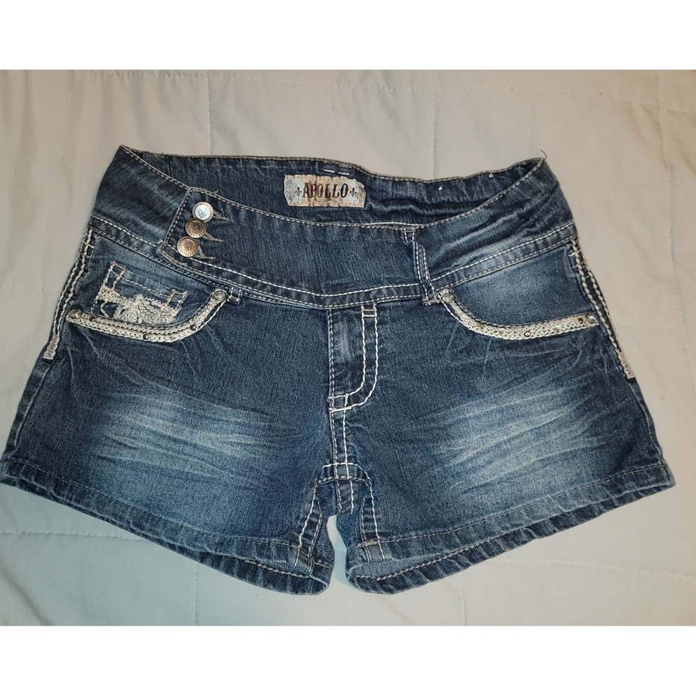 Apollo Womens Denim‎ Shorts Size 7/8 Embellished Pockets Button Fly y2k